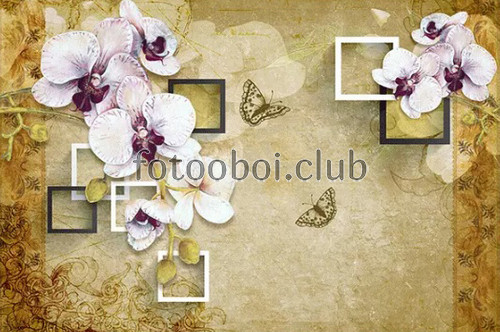 орхидеи, бабочки, цветы, квадраты, абстракция, узоры, 3д, 3d